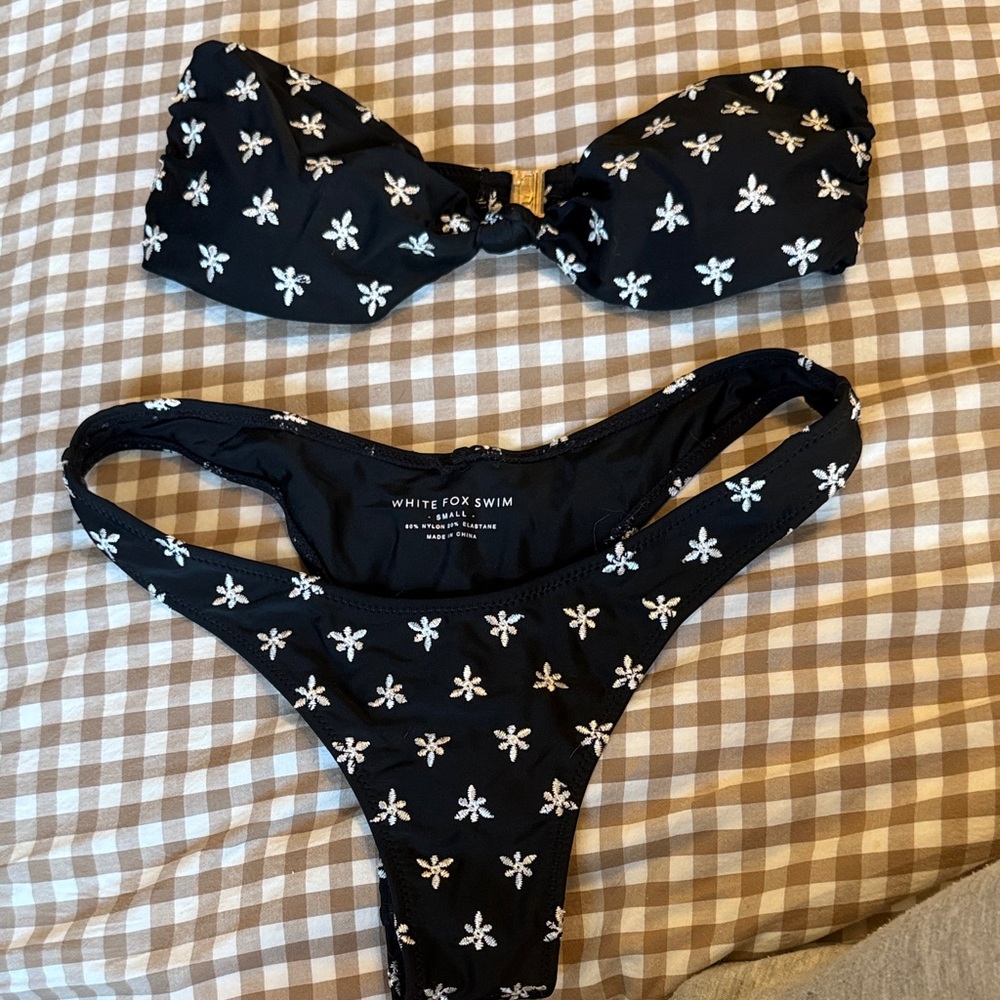 White Fox Swim Black Bandeau Bikini with White Daisy Embroidery